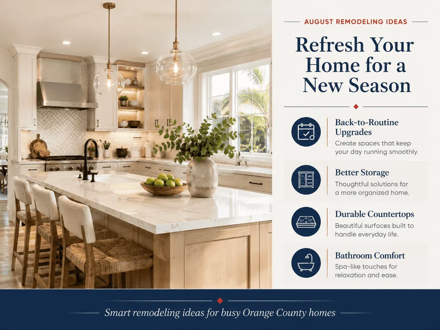 August kitchen remodeling ideas for Orange County homes with storage, countertops, bathroom comfort, and back-to-routine upgrades