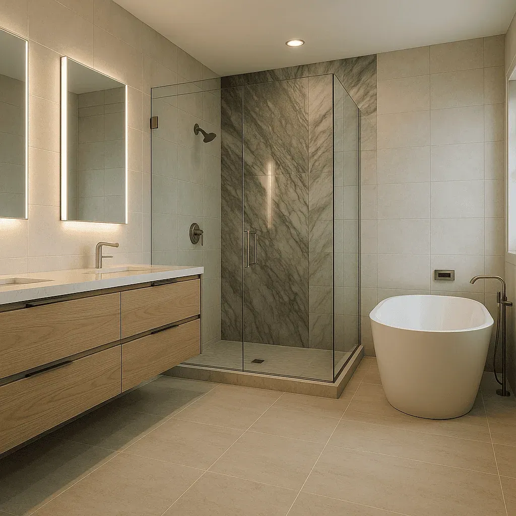 Floating oak double vanity beside a frameless glass shower with a grey veined marble wall and a freestanding tub