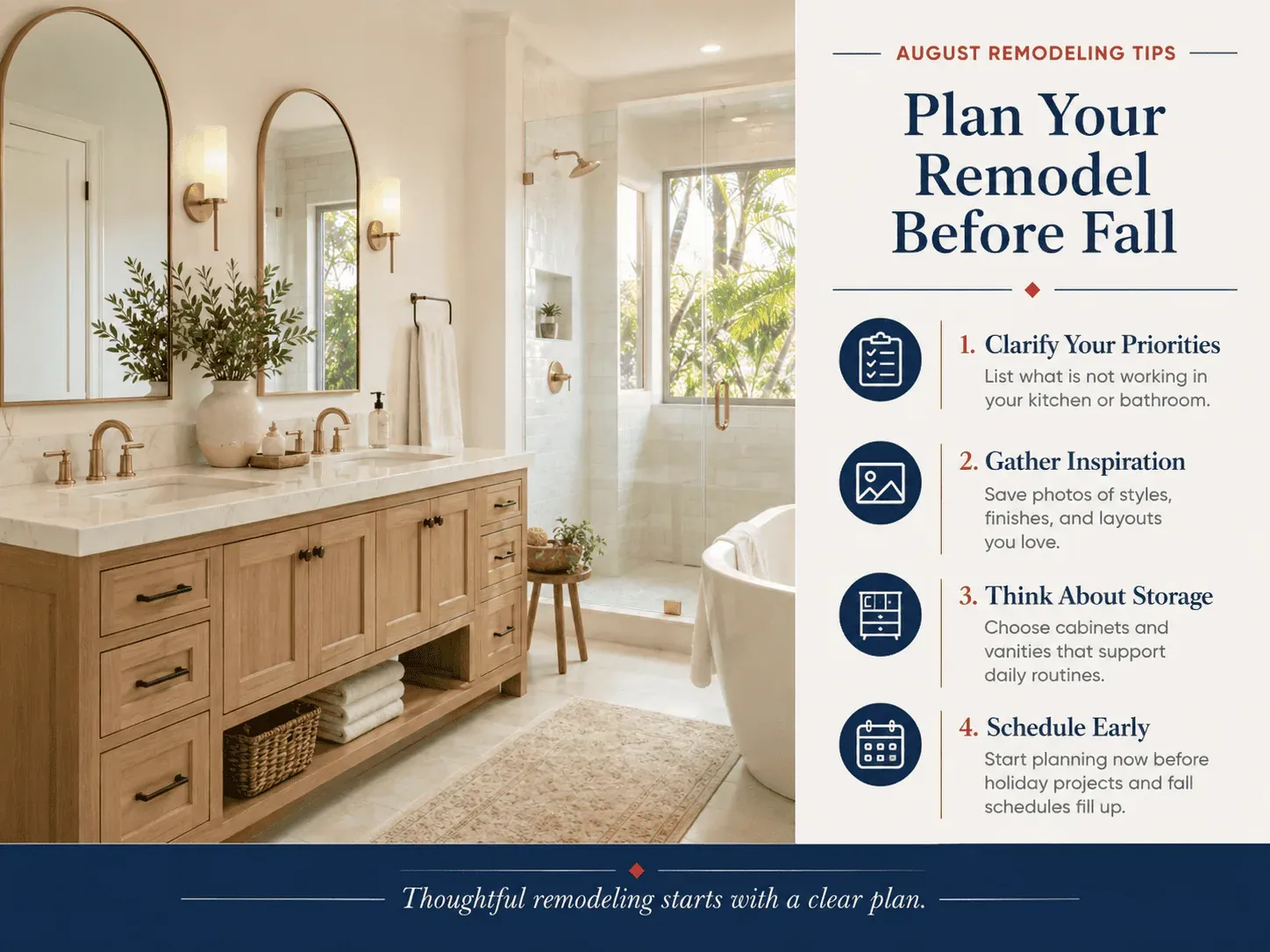 Bathroom remodeling planning tips for Orange County homes before fall with vanity storage, shower upgrades, and remodeling priorities