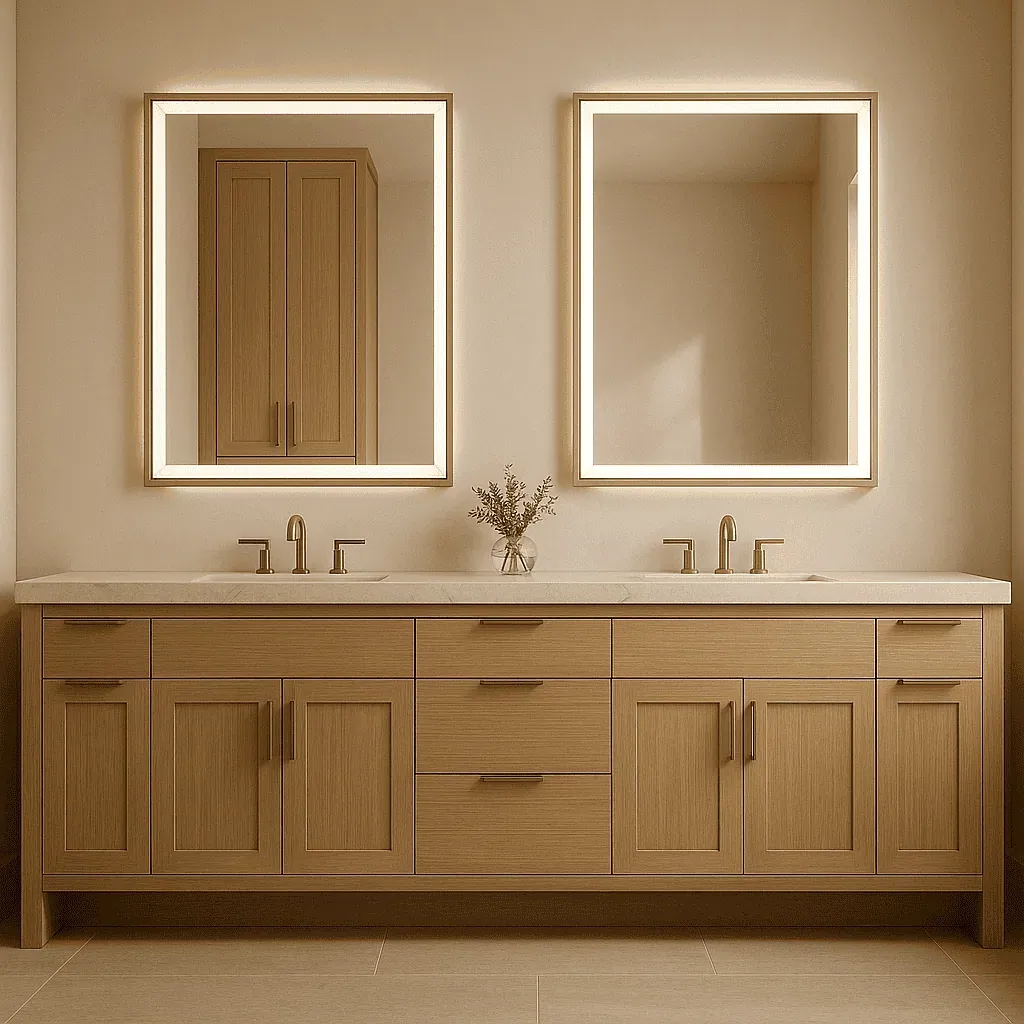 Long oak bathroom vanity with two undermount sinks, brass taps and a pair of backlit rectangular mirrors
