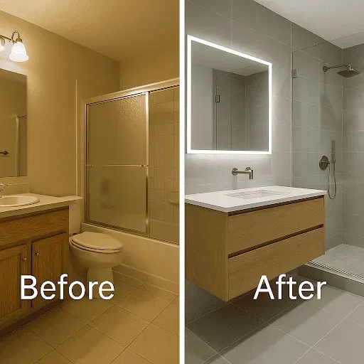 Before and after of a bathroom remodel, a framed tub-shower and oak vanity replaced with a floating vanity and walk-in shower