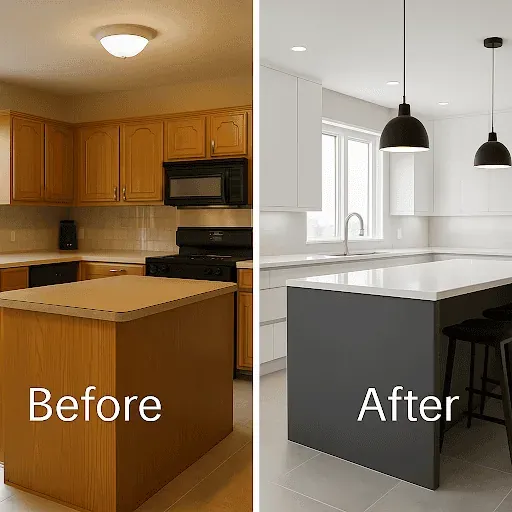 Before and after of a kitchen remodel, honey oak cabinets and black appliances replaced with white cabinetry and a dark island