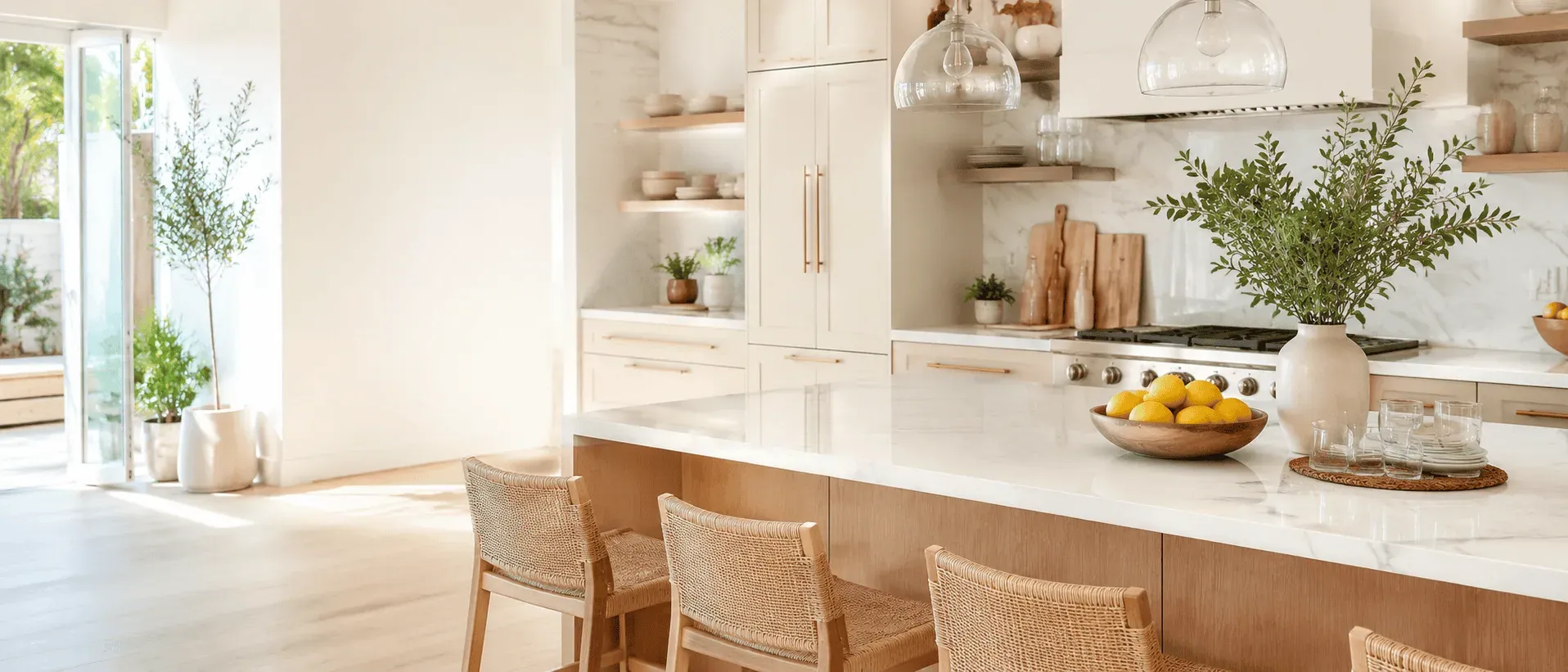 Bright summer-ready kitchen remodel with light cabinetry, warm wood accents, marble-style countertops, and natural greenery