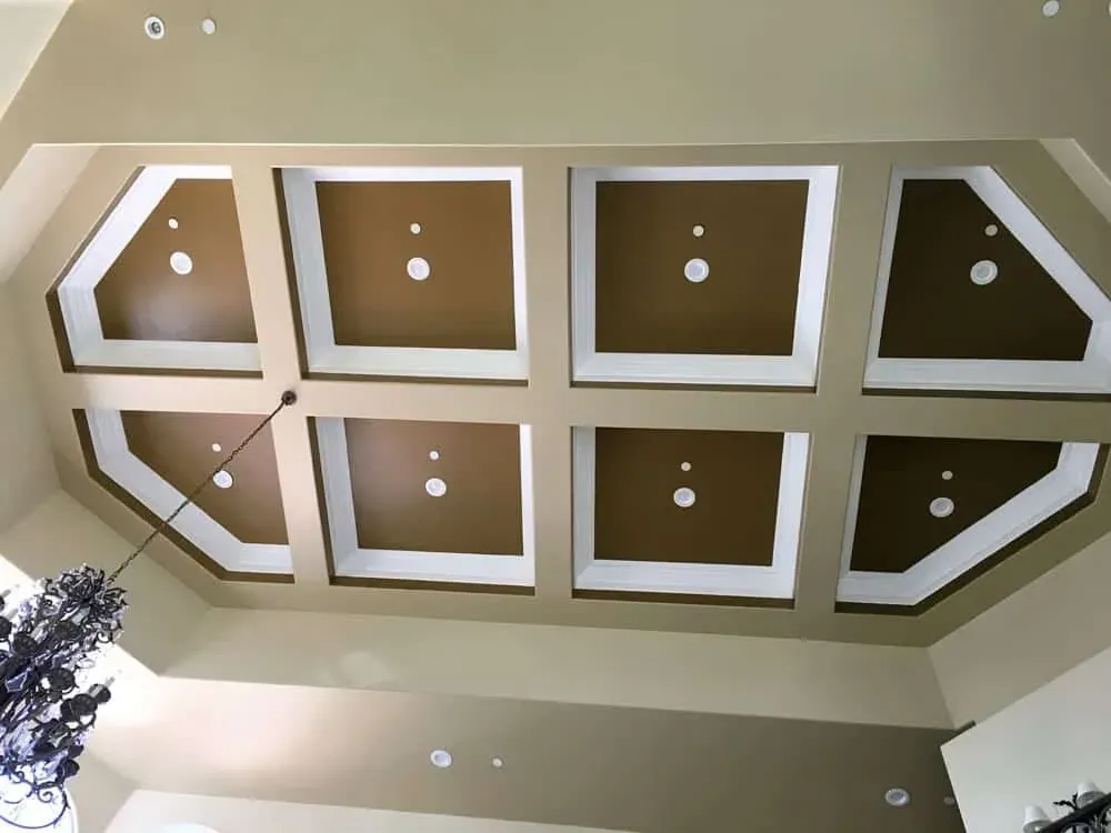 Coffered ceiling detail with octagonal recessed panels and inset lighting