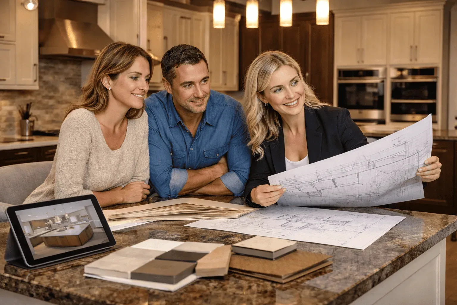 A couple meeting a kitchen designer in the showroom while reviewing kitchen plans