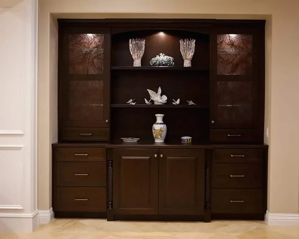 Dark built-in display cabinet with glass shelving and lighting