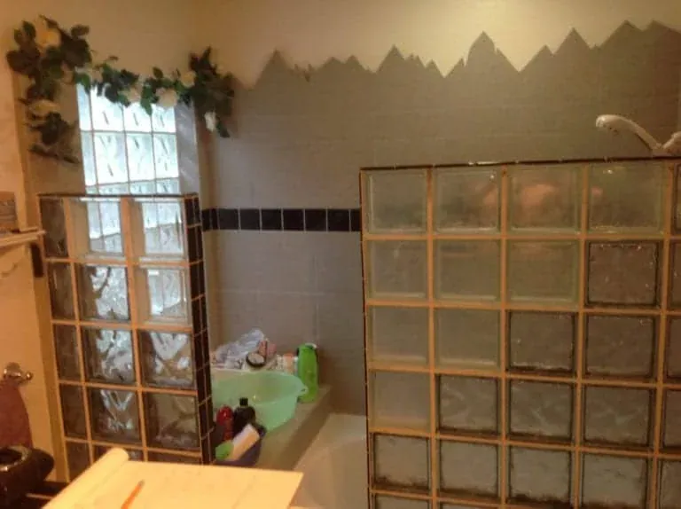 Dated bathroom with glass block, a tiled tub surround and stencilled border