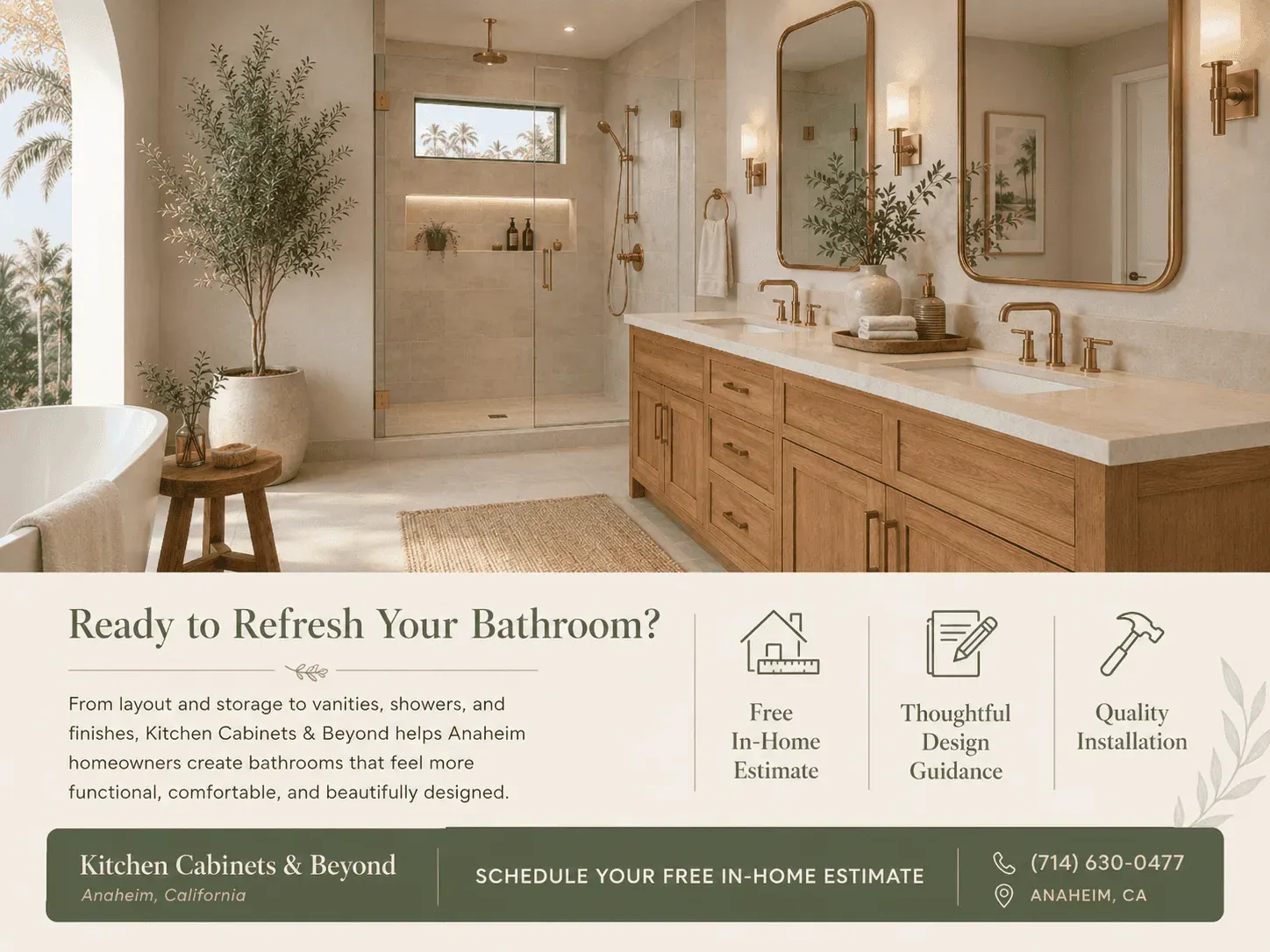 Elegant bathroom remodel with a wood vanity, freestanding tub, walk-in shower, and Kitchen Cabinets and Beyond free in-home estimate call to action