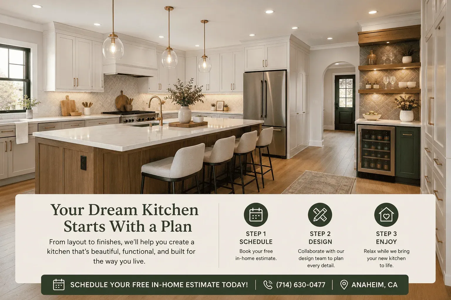 Kitchen Cabinets and Beyond promotional kitchen remodel image showing a three-step process to schedule, design, and enjoy a new kitchen