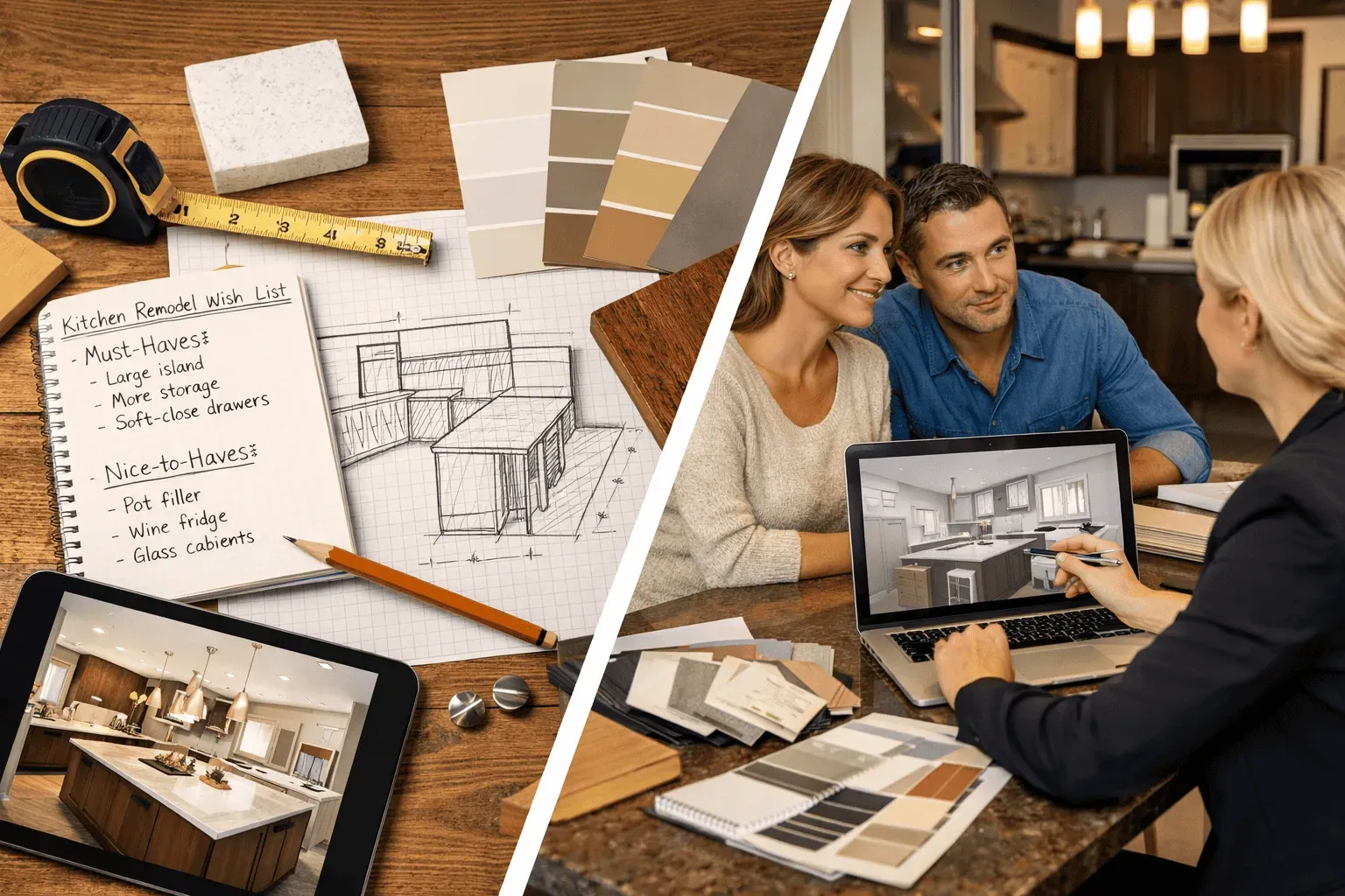 Kitchen remodel planning materials including sketches, measurements, finish samples, and a consultation with a designer