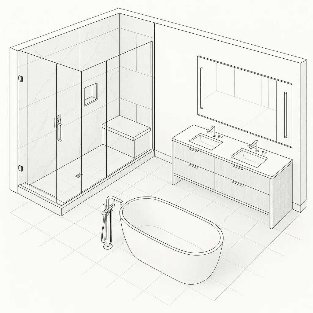 Line drawing of a bathroom layout showing a walk-in shower with bench, a freestanding tub and a double vanity