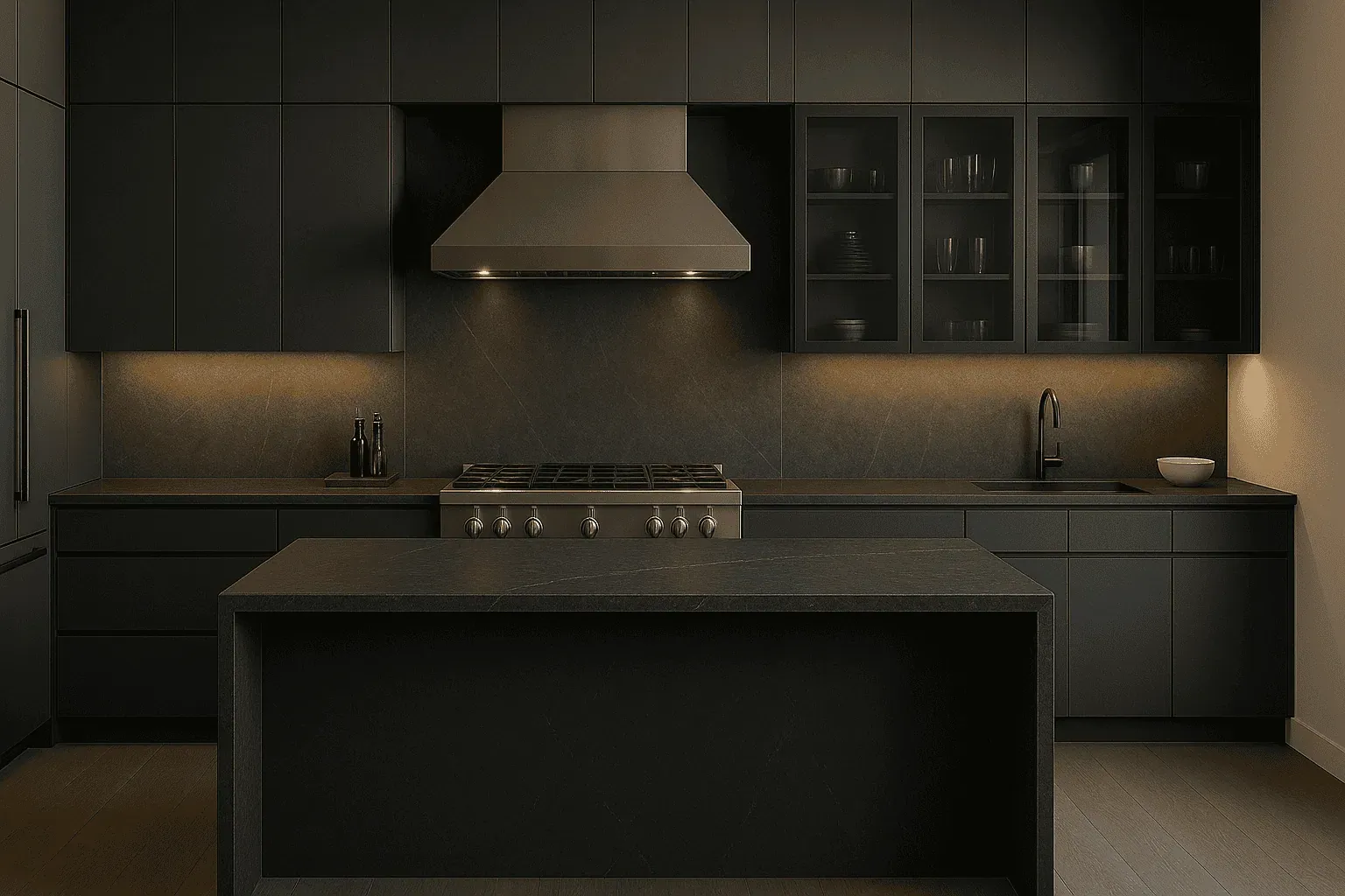 Modern charcoal kitchen with graphite waterfall island and stainless pro range