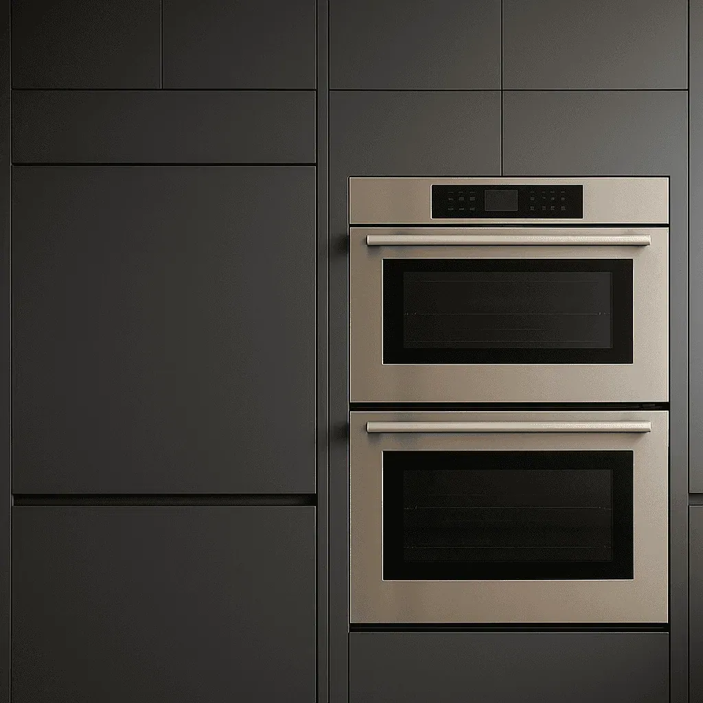 Panel-ready refrigerator wall with stainless oven stack and finger-pull channel
