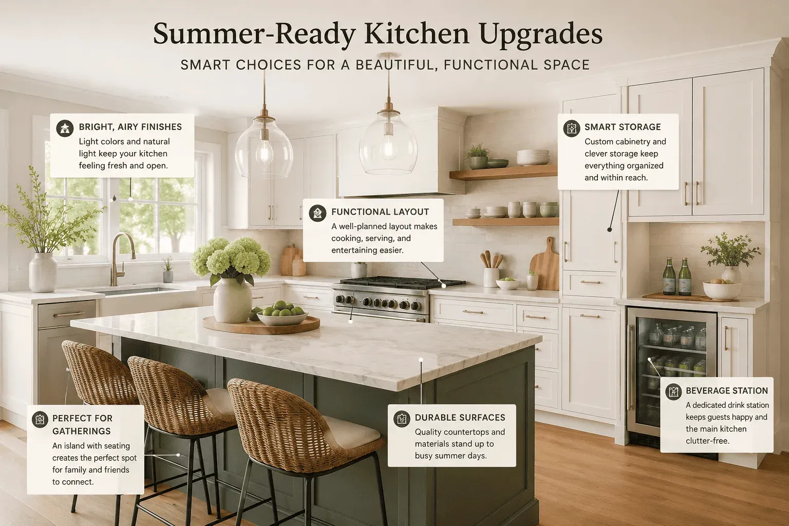 Summer-ready kitchen upgrades infographic showing bright finishes, smart storage, functional layout, durable surfaces, gathering space, and beverage station