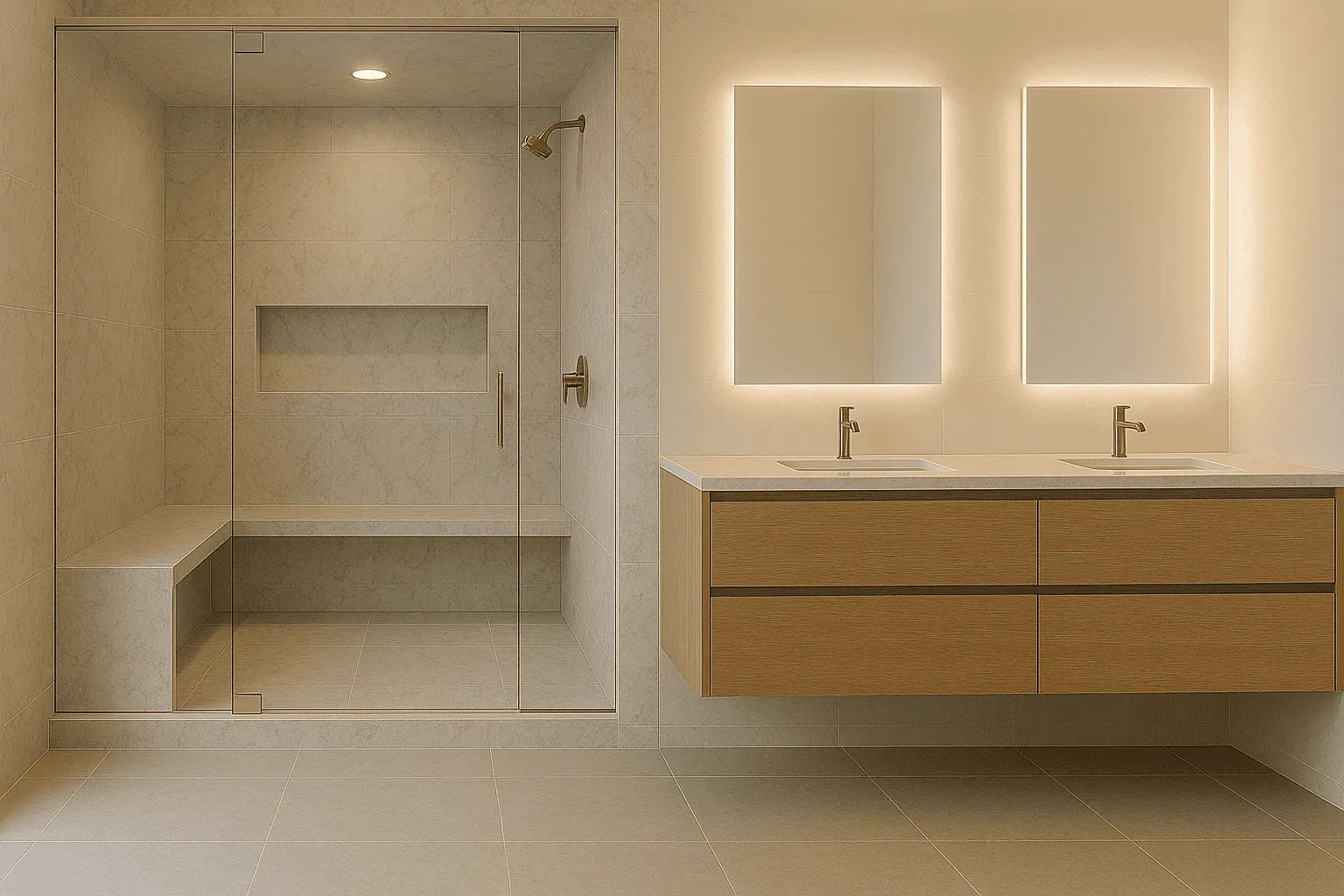 Walk-in shower with a built-in bench and recessed niche beside a wall-hung oak vanity with backlit mirrors