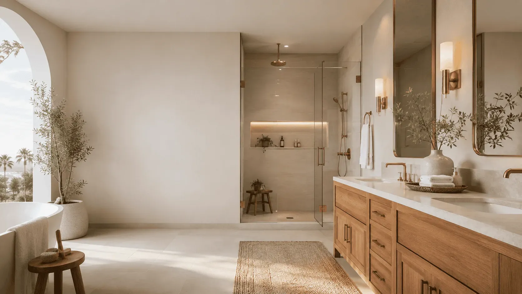 Warm modern bathroom remodel with a wood vanity, walk-in shower, brass fixtures, and natural light