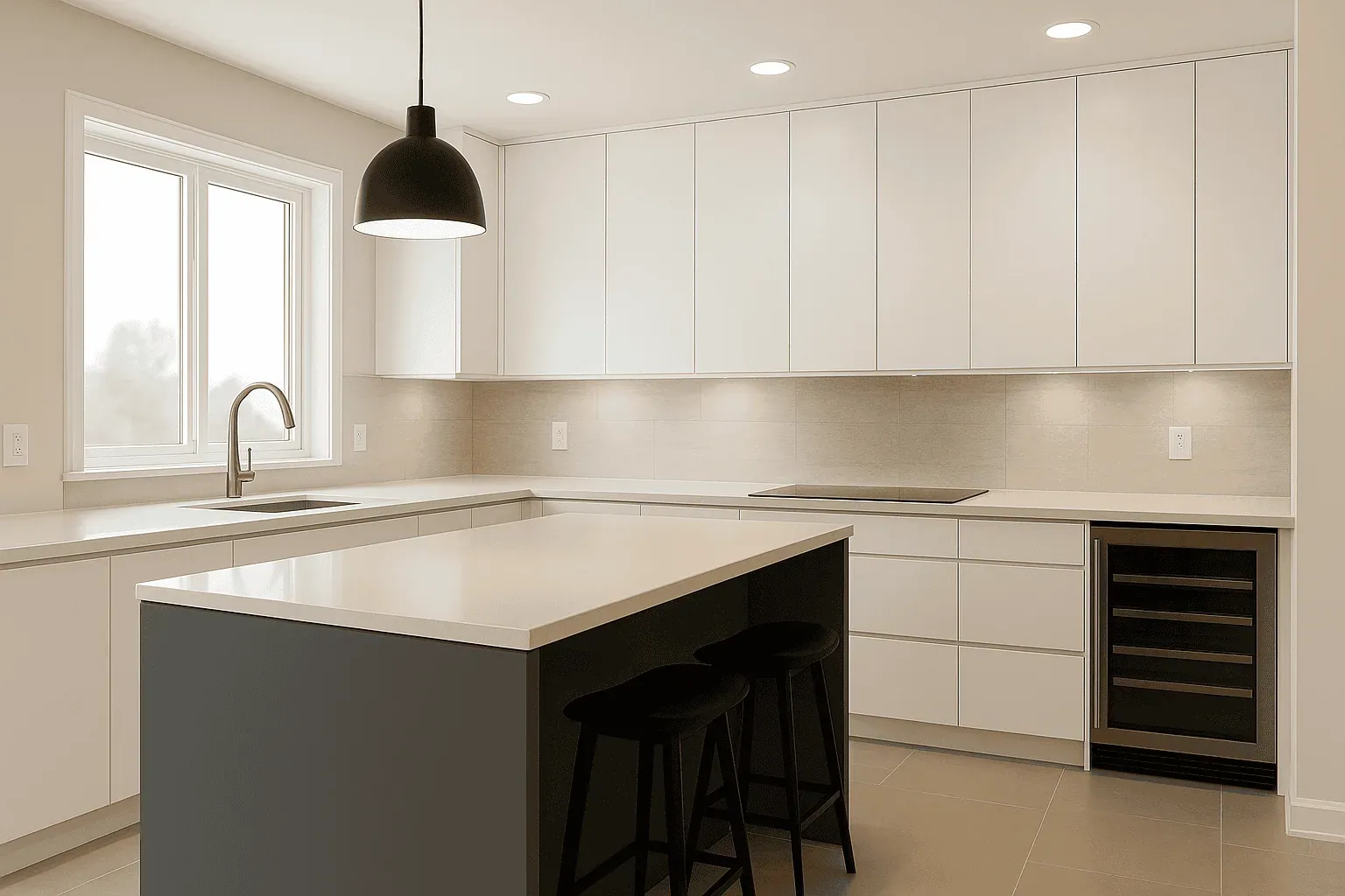White and grey kitchen with a dark island, black bar stools, a pendant light and a built-in wine cooler